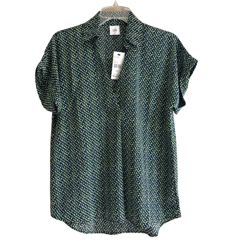 Cabi Replay Top 6307 Mixed Print Geometric V-Neck Blouse Black‎ Green XXS NEW